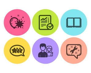 Book, Checked calculation and Teamwork icons simple set. Stars, Balloon dart and Spanner signs. E-learning course, Statistical data. Flat book icon. Circle button. Vector