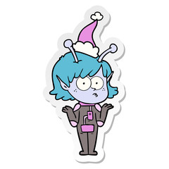 sticker cartoon of a alien girl wearing santa hat
