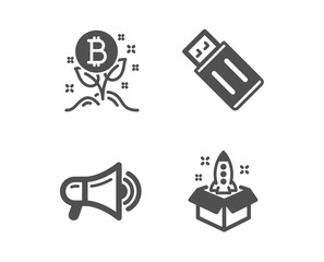 Set of Megaphone, Bitcoin project and Usb flash icons. Startup sign. Advertisement, Cryptocurrency startup, Memory stick. Innovation.  Classic design megaphone icon. Flat design. Vector