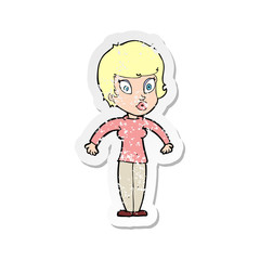 retro distressed sticker of a cartoon woman shrugging shoulders