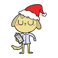 cute line drawing of a dog wearing office shirt wearing santa hat