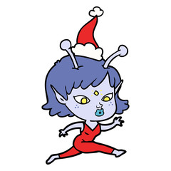 pretty line drawing of a alien girl running wearing santa hat