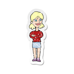 retro distressed sticker of a cartoon smug woman