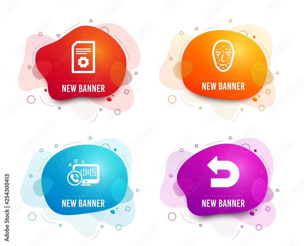 Poster liquid badges. set of face biometrics, file settings and web call icons. undo sign. facial recogniti