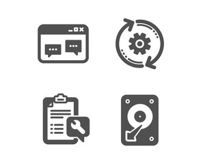 Set of Browser window, Spanner and Cogwheel icons. Hdd sign. Website chat, Repair service, Engineering tool. Hard disk.  Classic design browser window icon. Flat design. Vector