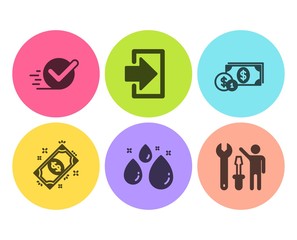 Fototapeta premium Login, Water drop and Checkbox icons simple set. Payment, Dollar money and Repairman signs. Sign in, Aqua. Flat login icon. Circle button. Vector