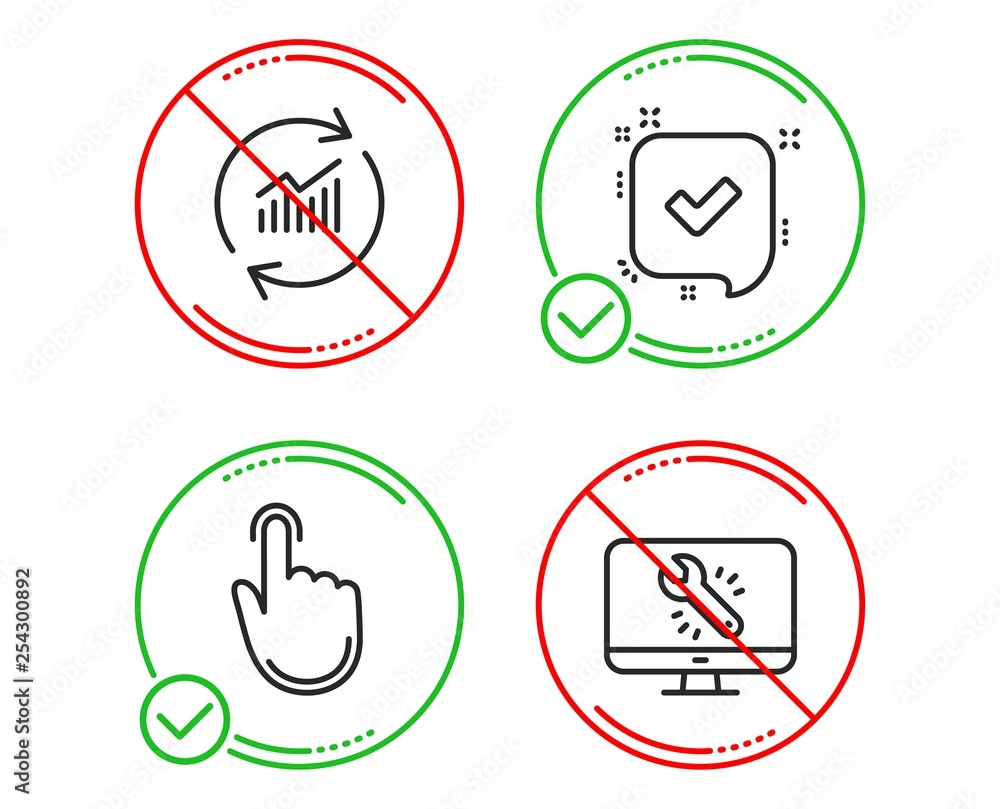 Poster do or stop. hand click, update data and confirmed icons simple set. monitor repair sign. location po