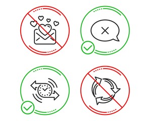 Do or Stop. Love mail, Reject and Timer icons simple set. Recycle sign. Valentines letter, Delete message, Stopwatch. Recycling waste. Technology set. Line love mail do icon. Prohibited ban stop