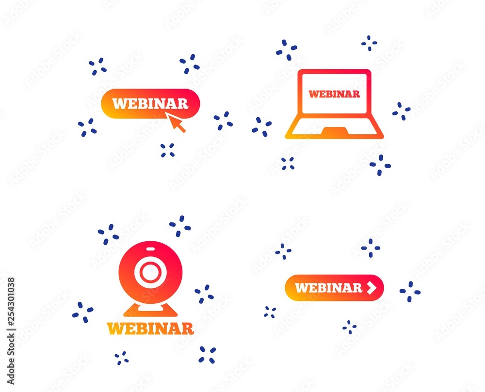 Poster webinar icons. web camera and notebook pc signs. website e-learning or online study symbols. random 