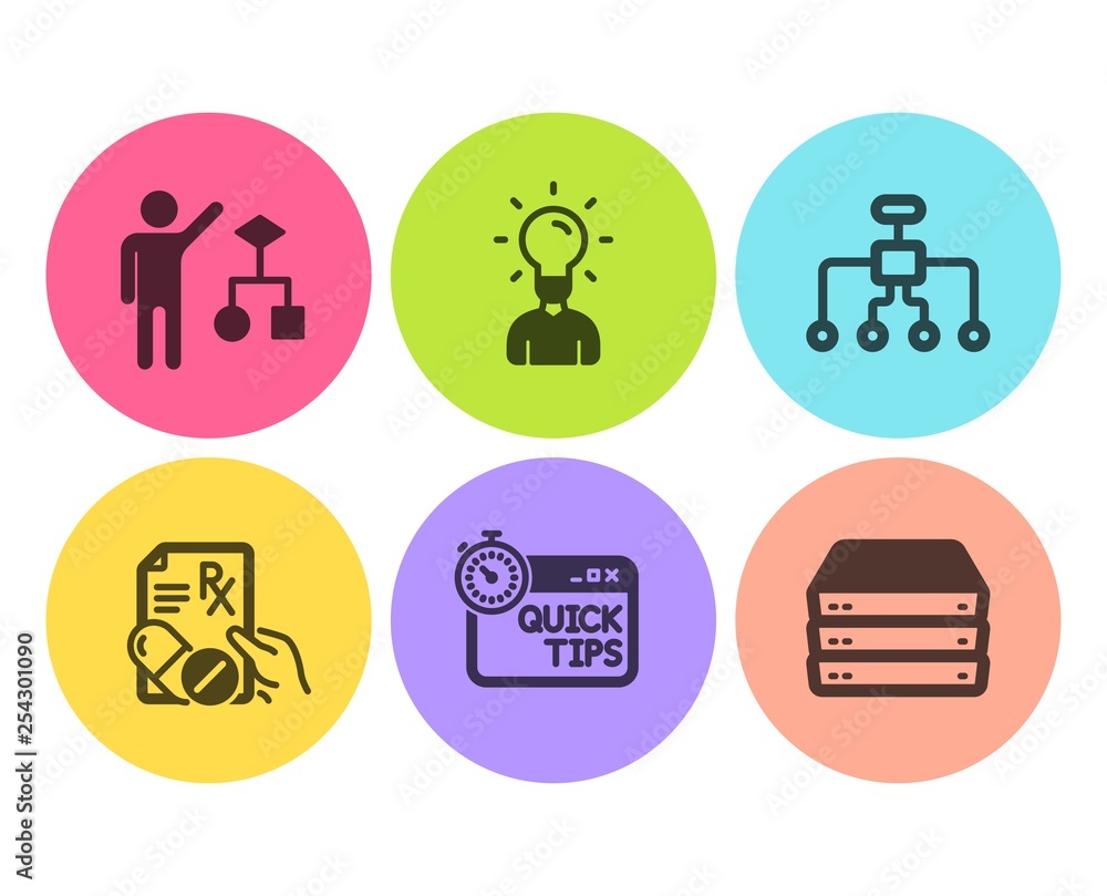 Poster restructuring, education and quick tips icons simple set. prescription drugs, algorithm and servers 
