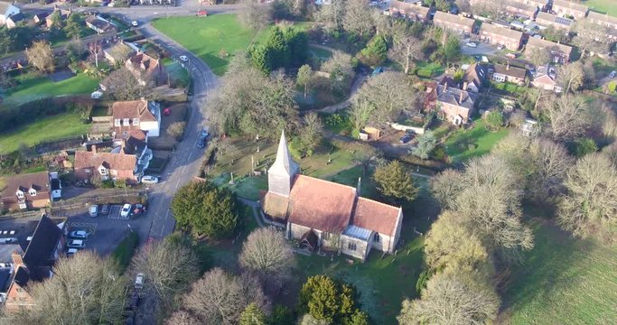 Aerial view of St Mary's church in High Halden village, located in Kent (The Garden Of England) UK