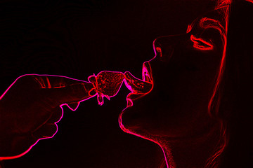 Sexual games silhouette between man and woman with strawberry neon light background - 254301295