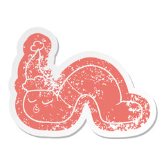 cartoon distressed sticker of a worm wearing santa hat