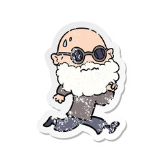 distressed sticker of a cartoon running man with beard and sunglasses sweating