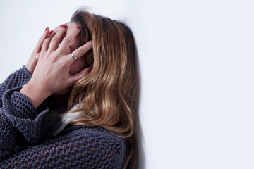 Fototapeta premium Psychological portrait of sad and depressed woman as symbol of pain and despair.