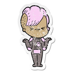 distressed sticker of a cartoon annoyed hipster girl wearing space suit