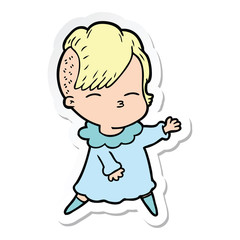 sticker of a cartoon squinting girl