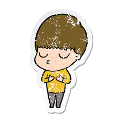 distressed sticker of a cartoon calm boy