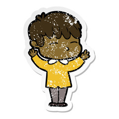 distressed sticker of a cartoon curious boy