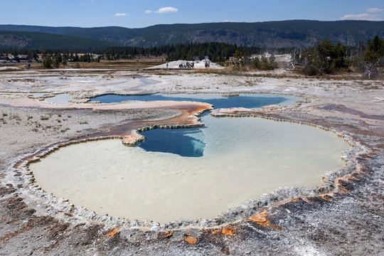 Doublet pool with mineral deposits, Upper Geyser Basin, Yellowstone National Park, Wyoming, USA, North America