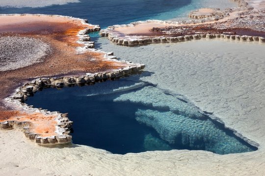 Doublet pool with mineral deposits, Upper Geyser Basin, Yellowstone National Park, Wyoming, USA, North America