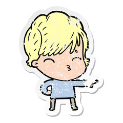distressed sticker of a cartoon woman thinking