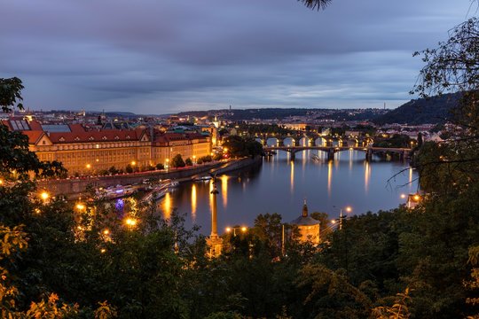 View from the park Letenske sady on Moldova and bridges, Prague, Czech Republic, Europe