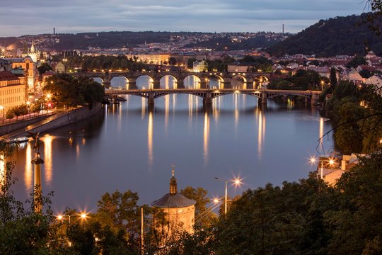 View from the park Letenske sady on Moldova and bridges, Prague, Czech Republic, Europe