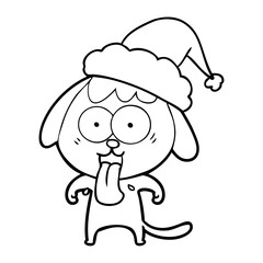 cute line drawing of a dog wearing santa hat