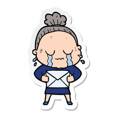 sticker of a cartoon old woman crying with letter