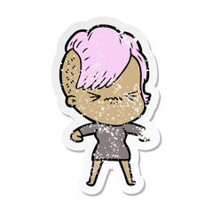 distressed sticker of a cartoon annoyed hipster girl