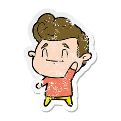 distressed sticker of a happy cartoon man