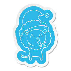happy cartoon  sticker of a lion wearing santa hat