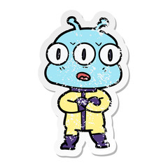 distressed sticker of a cartoon three eyed alien