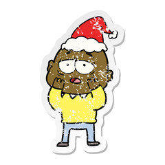 distressed sticker cartoon of a tired bald man wearing santa hat