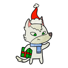 friendly textured cartoon of a christmas wolf wearing santa hat