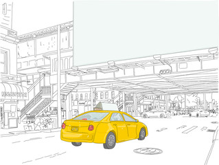 Billboard, large, blank for your text. City street scene, with a yellow taxi with additional blank space for text. Urban, isolation, nightlife feel. Hand drawn illustration.