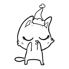 calm line drawing of a cat wearing santa hat