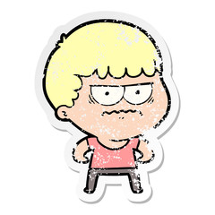 distressed sticker of a cartoon annoyed man
