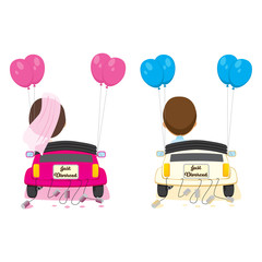 Illustration of just divorced couple driving separate car split divorce two ways apart concept
