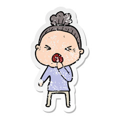 distressed sticker of a cartoon angry old woman