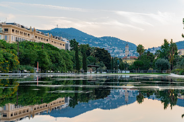 Fototapeta premium Promenade du Paillon park with beautiful reflection at Nice