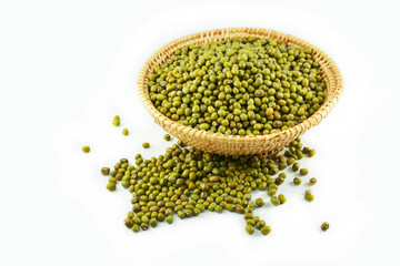 Mung beans seed cereal whole grains in the basket and isolated on white background