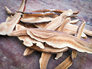 Dried lingzhi mushroom slice herbal medicine natural on wooden background in the local asia