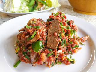 Raw meat beef cook / Spicy minced beef salad slice mixed with spices and herbs