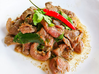 Hot and spicy grilled meat beef salad thai local food / Boil beef