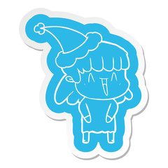cartoon  sticker of a woman wearing santa hat