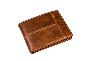 Closed brown leather wallet isolated on a white background
