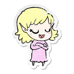 distressed sticker of a happy cartoon elf girl