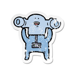 distressed sticker of a friendly cartoon alien waving